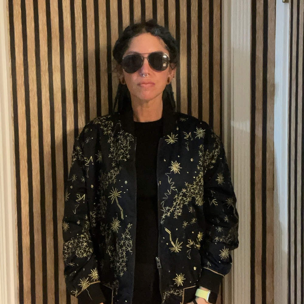 Women's dark navy and Gold Star embroidered bomber Jacket